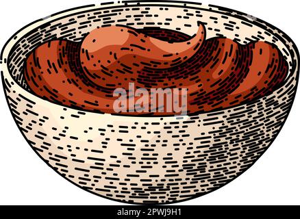 bol à pâte de chocolat tiré à la main. crème à tartiner, pain noisette, couteau à bocal, cuillère beurre, noix crémeuse pâte de chocolat dessin vectoriel de bol. couleur isolée Illustration de Vecteur