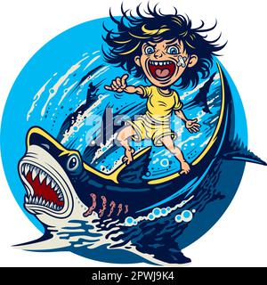 Surfeur Boy à cheval sur un requin. Illustration vectorielle Illustration de Vecteur