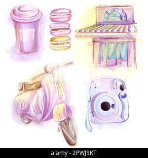 Clipart sur le thème de la France, aquarelle illustration. Un ensemble de dessins dans un style romantique: Scooter vintage, caméra instantanée, café, macarons, sh Banque D'Images