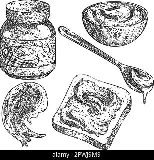 ensemble de pâtes au chocolat dessinées à la main. crème à tartiner, pain noisette, bol, cuillère à couteau, croquis vectoriel de pâte de chocolat aux noix de beurre. illustrateur noir isolé Illustration de Vecteur