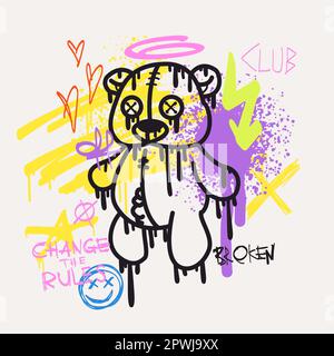 Texte typographique urbain changer les règles et porter poupée avec effet spray. Groovy Street art graffiti imprimé avec coeurs pour t-shirt ou sweatshirt. Motif unisexe abstrait graphique unisexe souterrain Illustration de Vecteur