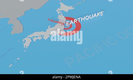 Carte du Japon montrant l'emplacement du tremblement de terre de magnitude 7,3 Richter, qui s'est produit le 16 mars 2022. Rendu numérique 3D. Banque D'Images