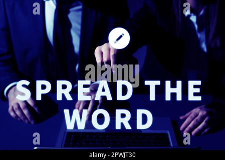 Légende de texte présentant diffuser le mot, Word écrit sur partager l'information ou l'actualité à l'aide des médias sociaux Banque D'Images