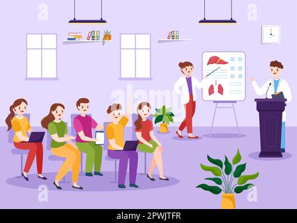 École de médecine avec des étudiants à l'écoute de la lecture de docteur et l'apprentissage de la science en classe en dessin à plat dessin à la main dessin de modèle Illustration Banque D'Images