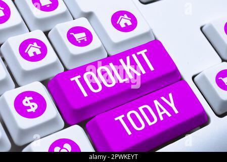 Affiche affichant la boîte à outils, mot écrit sur un ensemble d'outils conservés dans un sac ou une boîte et utilisés à des fins particulières Banque D'Images