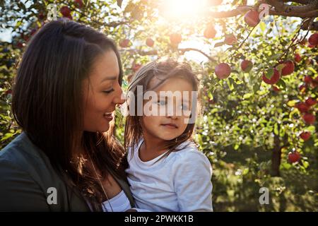 Êtes-vous prêt à cueillir des pommes ? une mère heureuse et une fille passent une journée ensemble dans un verger de pommes. Banque D'Images