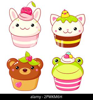 Ensemble de desserts doux en forme d'animaux dans le style kawaii. Gâteau, muffin et cupcake à la crème fouettée et aux baies. Grenouille, ours, lapin et chat. Vecteur Ill Banque D'Images