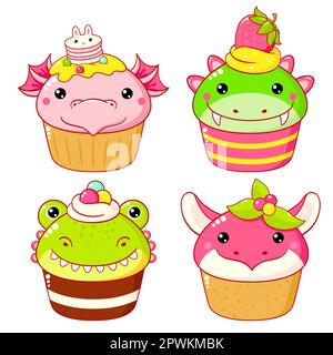 Ensemble de jolis desserts en forme de dragon dans le style kawaii. Gâteau, muffin et cupcake à la crème fouettée et aux baies. Illustration vectorielle EPS8 Banque D'Images