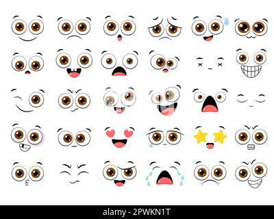 Collection d'émoticônes avec différentes humeur. Ensemble de dessins animés volumétriques emoji visages dans différentes expressions - heureux, triste, pleurer, peur, fou. Sur b blanc Banque D'Images