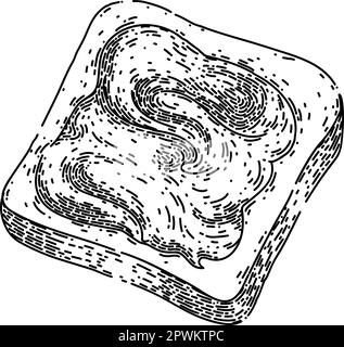 pâte de chocolat toast tirée à la main. tartiner la crème, pain noisette, bol, cuillère à couteau, pâte de chocolat beurre noisette toast vector sketch. noir isolé Illustration de Vecteur