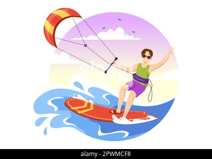 Illustration du kitesurf avec Kite Surfer debout sur le terrain de Kitboard dans la mer d'été dans les sports d'eau extrême modèle de dessin à la main de dessin à plat de dessin Banque D'Images