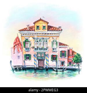 Croquis aquarelle d'une maison vénitienne typique sur le Grand canal à Venise, Italie. Banque D'Images