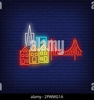 Les bâtiments de la ville de San Francisco et le panneau au néon du Golden Gate Bridge Illustration de Vecteur