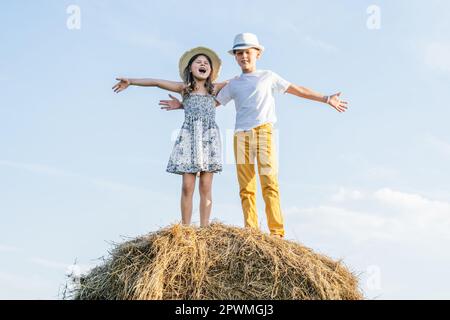 Portrait des enfants garçon et fille restant et s'embrassant, chantant des chansons, agitant les mains jouant le singe sur haystack dans le champ.Journée ensoleillée.Vêtements pour enfants Banque D'Images