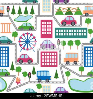 Voitures, bus, trains, maisons et routes, ville sans couture modèle puérile. Des illustrations mignonnes pour le design de la chambre des enfants, des cartes postales, des vêtements Illustration de Vecteur