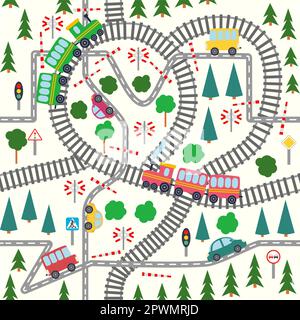 Carte détaillée de la ville pour les enfants. Voitures, bus et trains, maisons et routes, rivière, forêt et ville modèle puérile sans couture. Illustration de Vecteur