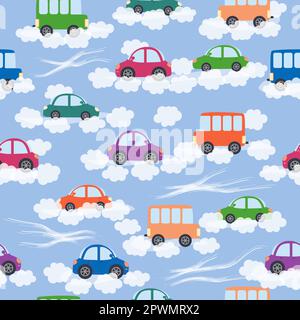 Voitures, bus, trains, maisons et routes, ville sans couture modèle puérile. Des illustrations mignonnes pour le design de la chambre des enfants, des cartes postales, des vêtements Illustration de Vecteur