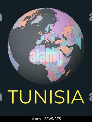 Carte du monde centrée sur la Tunisie. Pays rouge mis en surbrillance. Vue satellite du monde centrée sur le pays avec le nom. Illustration vectorielle. Illustration de Vecteur