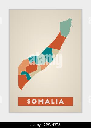 Affiche sur la Somalie. Carte du pays avec des régions colorées. Forme de la Somalie avec nom de pays. Illustration vectorielle puissante. Illustration de Vecteur