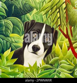 Peinture aquarelle sur toile. Illustration botanique imprimable, motif en tissu, à utiliser dans les graphiques. Le chien dans l'illustration. Banque D'Images