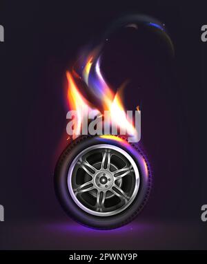 Vecteur 3D roue de voiture réaliste sur le feu. Pneu noir dans des flammes orange et des étincelles isolées sur fond sombre. Pneu d'automobile en feu dans la vue avant. Illustration de Vecteur