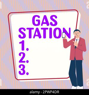 Légende conceptuelle : station-service, vue d'ensemble de l'entreprise pour l'entretien des véhicules automobiles, notamment avec de l'essence et du pétrole Banque D'Images