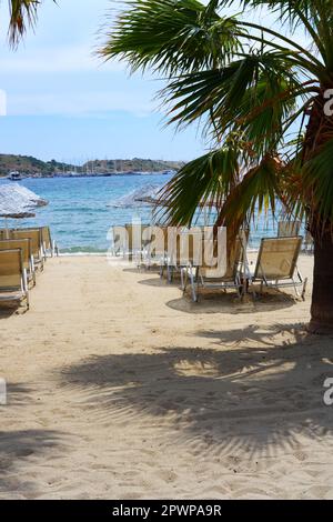 Chaises longues vides à la plage de sable avec parasols bambu. Collines et arbres en arrière-plan Banque D'Images