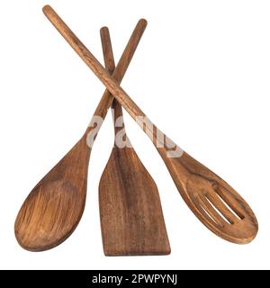 Cuillères en bois, spatules et une broche à roulettes isolées sur fond blanc Banque D'Images