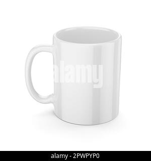 Maquette de tasse de café ou de thé blanc vierge isolée sur fond blanc. 3D illustration du rendu. Banque D'Images