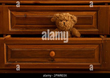 L'ours brun en peluche se trouve dans un vieux tiroir en bois dans la chambre à coucher comme arrière-plan Banque D'Images