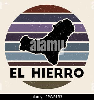 Logo El Hierro. Affiche avec la carte de l'île et des bandes de couleur, illustration vectorielle. Peut être utilisé comme insigne, logotype, étiquette, autocollant ou badge de TH Illustration de Vecteur