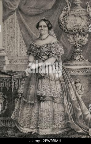 María Cristina de Borbón des deux Siciles (1806-1878). Reine consort de l'Espagne entre 1829 et 1833 par son mariage avec le roi Ferdinand VII, dont elle était sa quatrième et dernière épouse. Régent du royaume de 1833 à 1840. Portrait. Dessin de C. Legrand. Lithographie par J. Donón. 'Reyes Contemporáneos'. Volume I. Publié à Madrid, 1855. Auteur: Julio Donón. Artiste espagnol actif de 1840 à 1880. Luis Carlos Legrand. Lithographe espagnol actif de 1829 à 1858. Banque D'Images