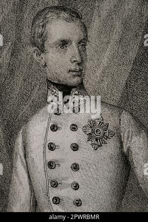 Portrait du jeune Ferdinand Maximilian d'Autriche (1832-1867), Archiduc d'Autriche. Il a renoncé à son titre pour devenir empereur du Mexique (1864-1867) en tant que Maximilien I. Dessin de C. Legrand. Lithographie par J. Donón. Détails. 'Reyes Contemporáneos'. Volume I. Publié à Madrid, 1855. Auteur: Julio Donón. Artiste espagnol actif de 1840 à 1880. Luis Carlos Legrand. Lithographe espagnol actif de 1829 à 1858. Banque D'Images