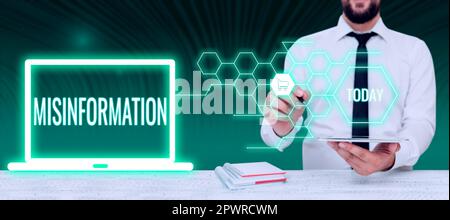 Sous-titres conceptuels de désinformation, mot écrit sur de fausses données, en particulier, destiné intentionnellement à tromper Banque D'Images