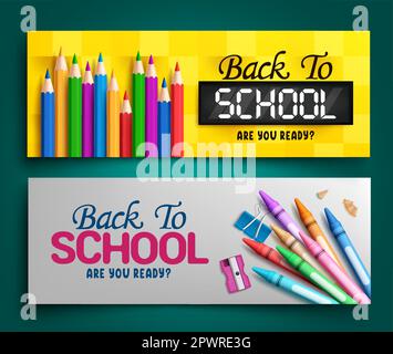 Ensemble de bannières pour vecteur de retour à l'école. Retour à l'école texte avec l'élément fournitures éducatives disposition collection. Illustration vectorielle de retour à la bannière de l'école Illustration de Vecteur