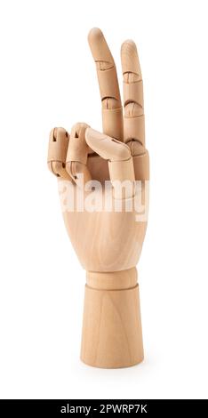 Affiche de la paix sur fond blanc pour les mains de mannequin en bois. Geste. Banque D'Images