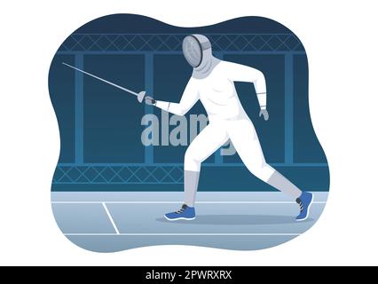 Escrime joueur Sport Illustration avec Fencer Fighting on Piste et épée Duel épreuve de compétition dans le dessin à la main de dessin à plat Banque D'Images