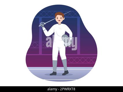 Escrime joueur Sport Illustration avec Fencer Fighting on Piste et épée Duel épreuve de compétition dans le dessin à la main de dessin à plat Banque D'Images