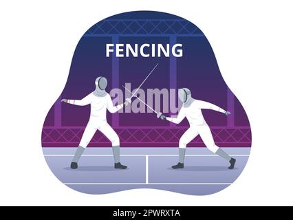 Escrime joueur Sport Illustration avec Fencer Fighting on Piste et épée Duel épreuve de compétition dans le dessin à la main de dessin à plat Banque D'Images