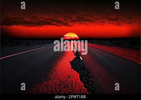 Coucher de soleil rouge de juillet sur une route asphaltée avec une bande de division blanche. Banque D'Images