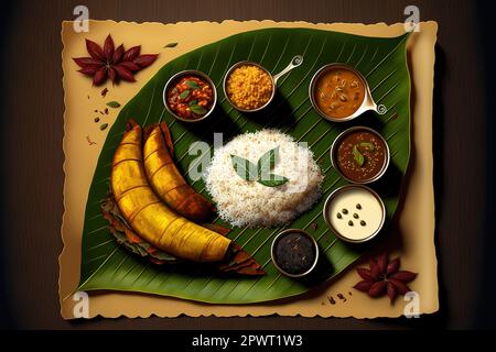 Kerala sadya cuisine traditionnelle servie sur une feuille de banane avec du riz sambar avial payasam et d'autres plats. Banque D'Images