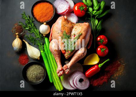 Pattes de poulet crues avec assortiment d'épices et de légumes stock photo. Banque D'Images