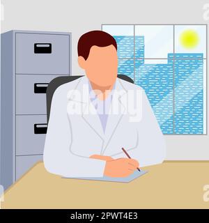 Le médecin s'assoit à une table dans son bureau. Le concept de médecine, un mode de vie sain. Image vectorielle. Illustration de Vecteur