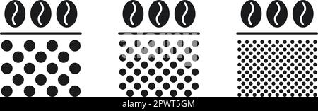 Taille de la mouture du café. Grains de café moulus. Icônes de degré de broyage fin, moyen et grossier. Illustration vectorielle isolée sur fond blanc Illustration de Vecteur