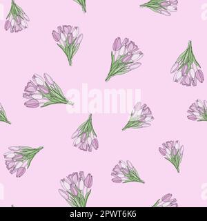 Motif vectoriel dessiné à la main sans couture d'un bouquet isolé de tulipes roses avec des feuilles en style doodle Illustration de Vecteur