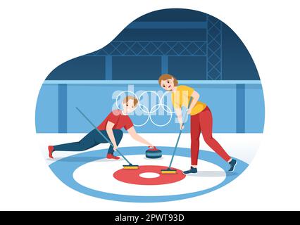 Illustration du sport de curling avec jeu d'équipe de rochers et de balais en anneau de glace rectangulaire dans le modèle de dessin à la main de dessin à la main de dessin à la main de dessin à plat de championnat Banque D'Images