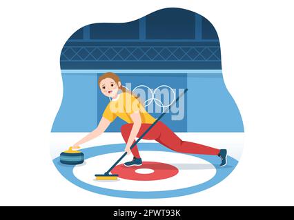 Illustration du sport de curling avec jeu d'équipe de rochers et de balais en anneau de glace rectangulaire dans le modèle de dessin à la main de dessin à la main de dessin à la main de dessin à plat de championnat Banque D'Images