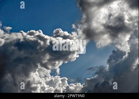 Des cumulus à volants montant dans un ciel bleu pendant un beau temps d'été Banque D'Images