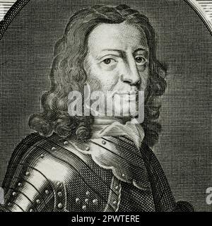 John Hampden (1595-1643), député du Parlement anglais avant et pendant la guerre civile anglaise. Hampden a contesté l'autorité du roi Charles I et a été jugé en 1637 pour avoir refusé de payer l'argent des navires, une taxe initialement prélevée sur les zones côtières en temps de guerre que le roi a tenté d'étendre aux comtés intérieurs alors que le pays était en paix. Détail carré de la gravure créée en 1700s par le graveur flamand Michael van der Gucht (1660-1725). Banque D'Images