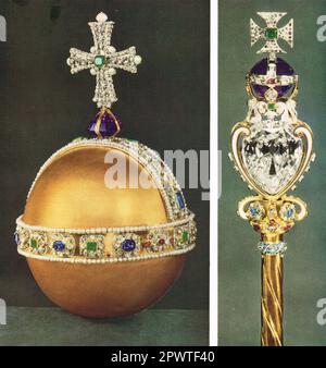 Couronnement régal. L'Orbe et le sceptre royal avec croix. Joyaux de la Couronne du Royaume-Uni. Le sceptre est un symbole de pouvoir et de justice, et l'orbe est tenu de signifier la domination de l'église chrétienne dans le monde. Banque D'Images